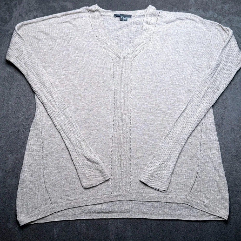 Vince Sweater Womens M Oatmeal Beige V-Neck Ribbed Knit Drop Shoulder Pullover